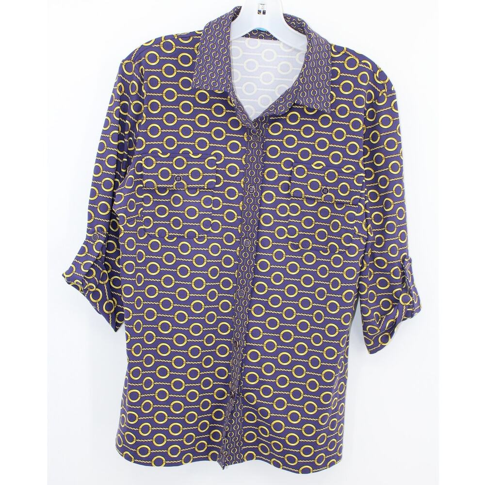 J McLaughlin Top Large Purple Gold Chain Print Collared Catalina Cloth Office